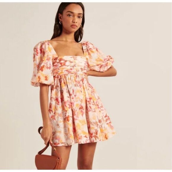 Abercrombie & Fitch Dresses & Skirts - Abercrombie & Fitch Emerson Poplin Puff Sleeve Mini Dress Orange, White Size S
